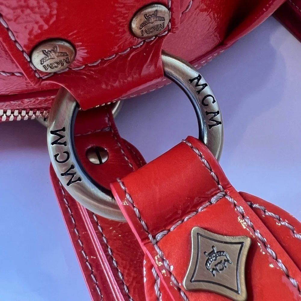 MCM Orange Patent Leather Top Zipper Silver Studded Accent Satchel/Handbag‎ 🧡